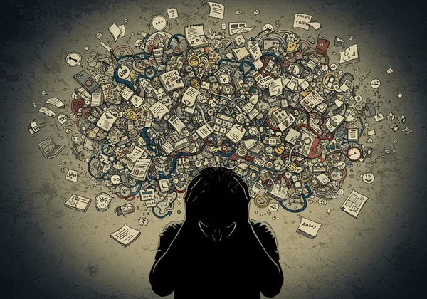 Человек чувствует себя перегруженным, иллюстрируя самодиагностику выгорания