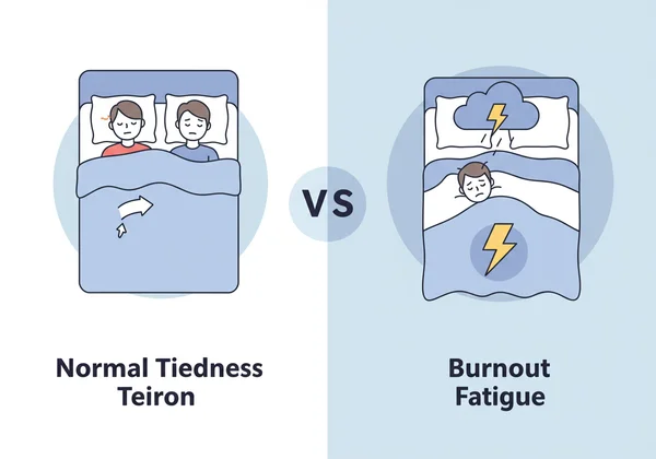 Infographic contrasting burnout fatigue with normal tiredness.