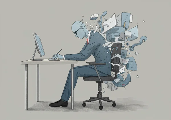 A professional looking drained and overwhelmed by work.