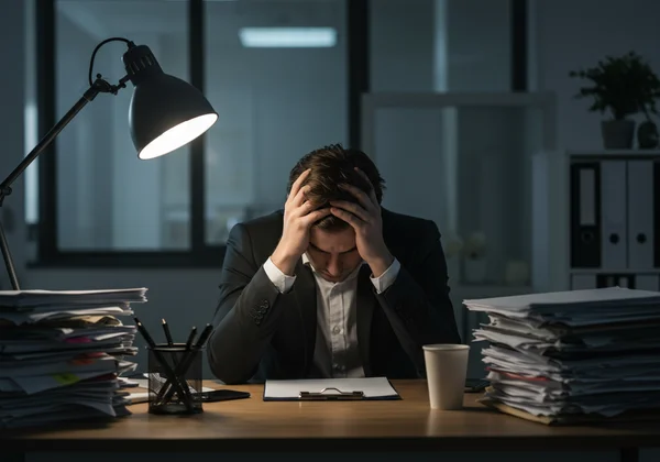 Person at desk, showing signs of extreme exhaustion and overwhelm.