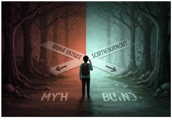 Person at crossroads, choosing between science and myth