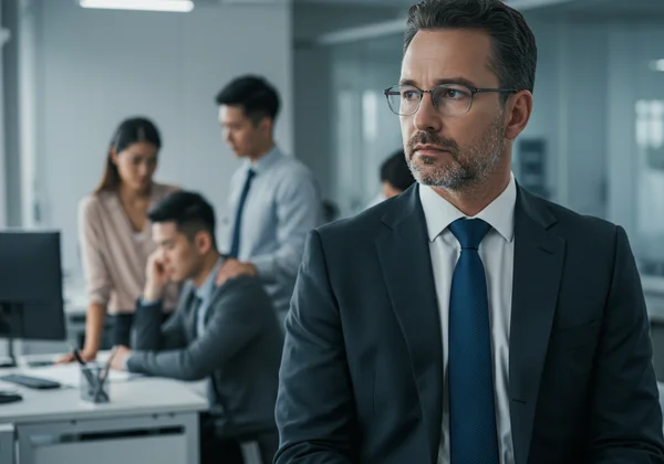 Manager subtly observing team members for burnout signs.