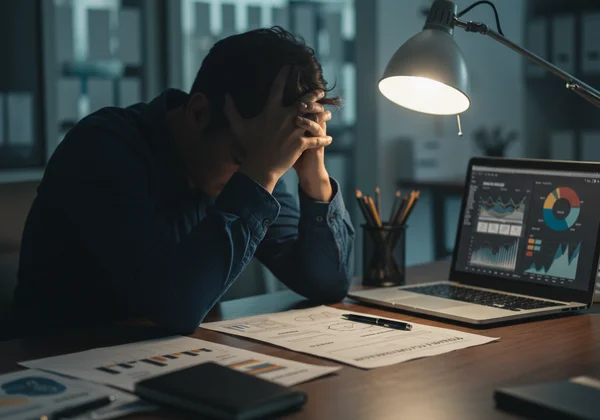 A person at their desk feeling overwhelmed and exhausted at work