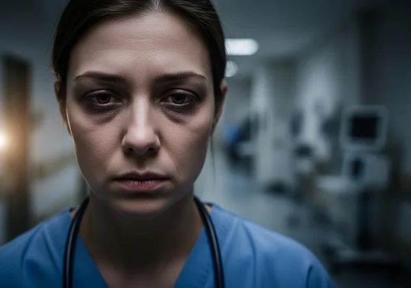 疲弊し、打ちひしがれた様子の医療従事者