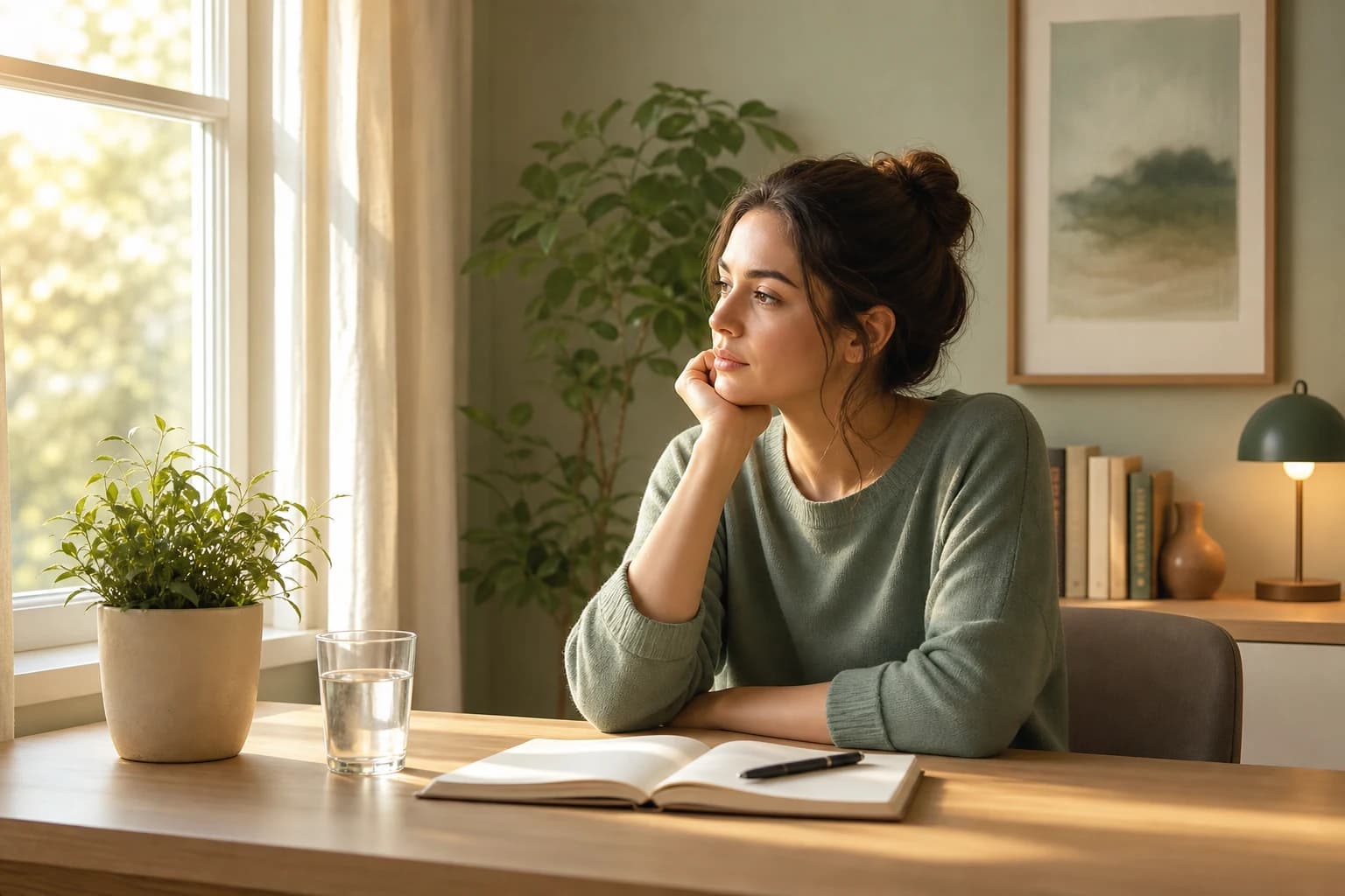 Person reflecting at a quiet desk