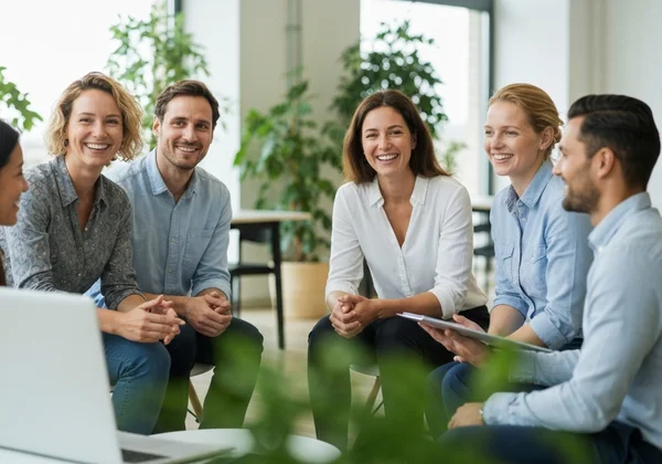 A diverse group of colleagues in a supportive and collaborative discussion.