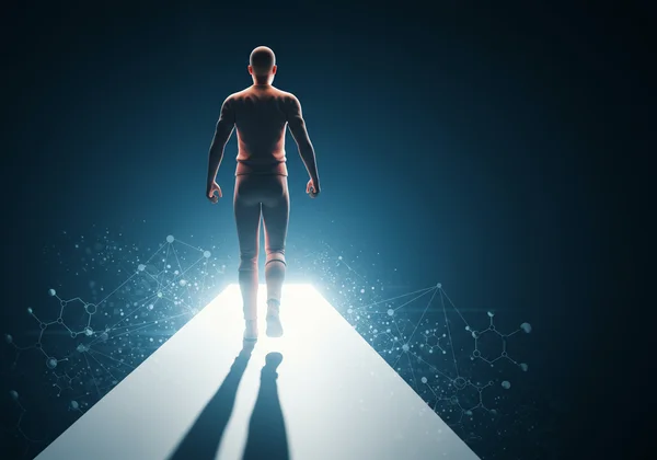 A person confidently stepping forward into a bright, clear future