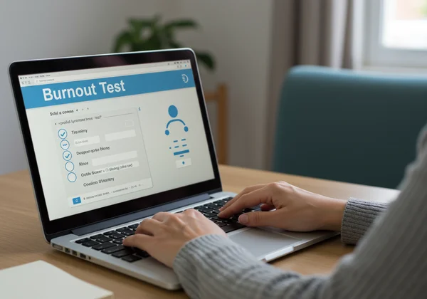 Person taking an online burnout assessment test on a laptop.