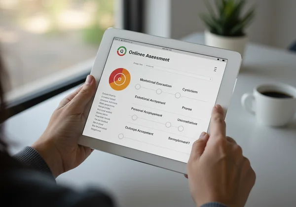 Person taking an online burnout assessment on a tablet